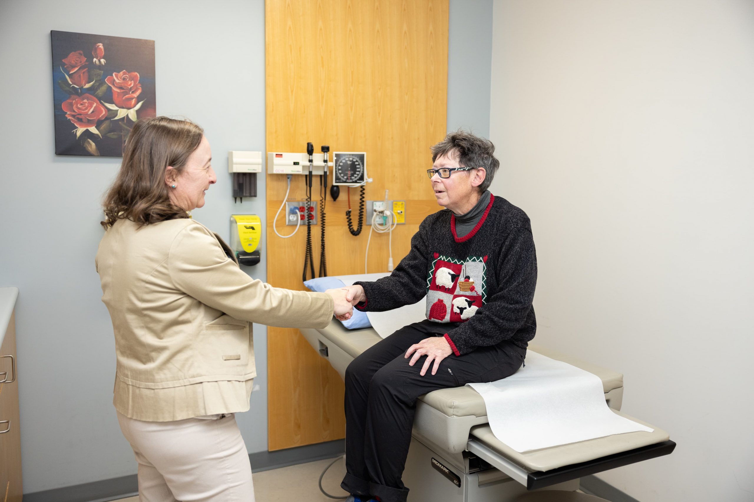A healthcare provider shakes hands with a patient sitting on an exam table in a medical examination room.