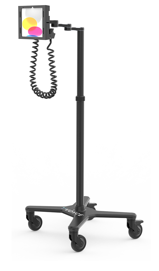 Black mobile medical tablet stand with four caster wheels and a coiled charging cable, holding a tablet in a clamp mount.