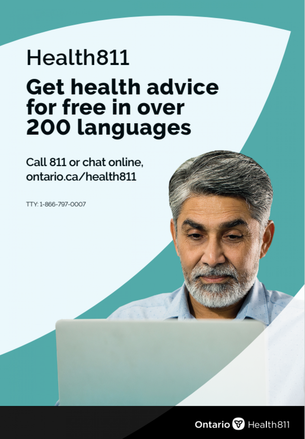 A poster showing Health 811 information for free healthadvice in multiple language