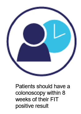 Icon of a person with a clock, indicating colonoscopy should follow a FIT positive result within 8 weeks.