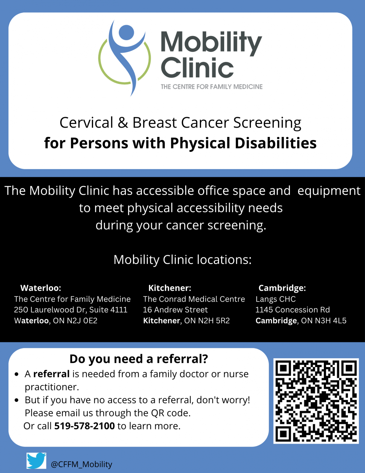 Flyer for the Mobility Clinic offers accessible cancer screening for persons with physical disabilities at three Ontario locations.